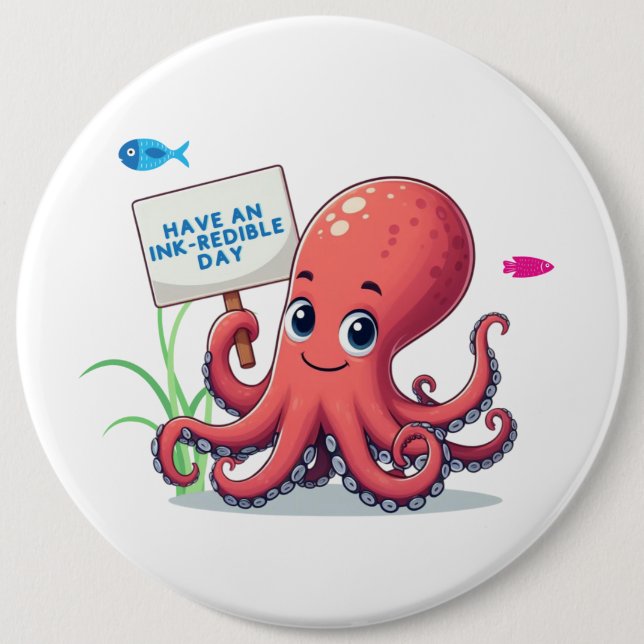 Niedlich, Cartoon-Oktopus mit Fischen Button (Vorderseite)