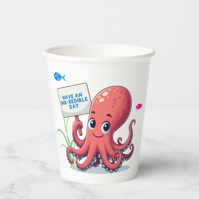 Niedlich, Cartoon-Oktopus mit Fischen Pappbecher (Vorderseite)