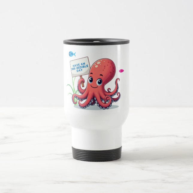 Niedlich, Cartoon-Oktopus mit Fischen Reisebecher (Mittel)