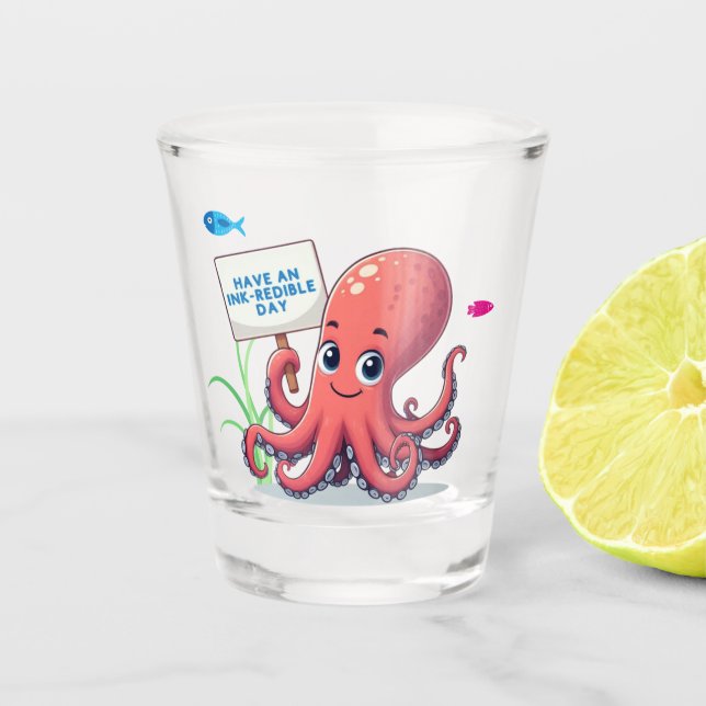Niedlich, Cartoon-Oktopus mit Fischen Schnapsglas (Vorderseite)