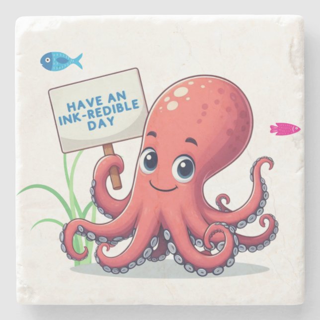 Niedlich, Cartoon-Oktopus mit Fischen Steinuntersetzer (Vorderseite)