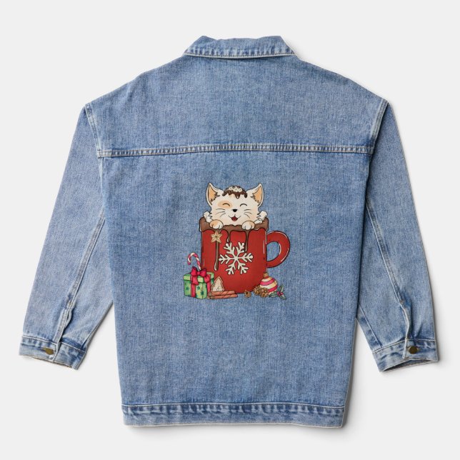 Niedlich Cat Christmas Chocolate Kaffee Jeansjacke (Rückseite)