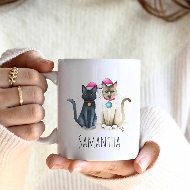 Niedlich Cat Christmas Kaffee Mugs Kaffeetasse (Christmas coffee mugs feature a black cat and a siamese cat in watercolor by Victoria Grigaliunas)