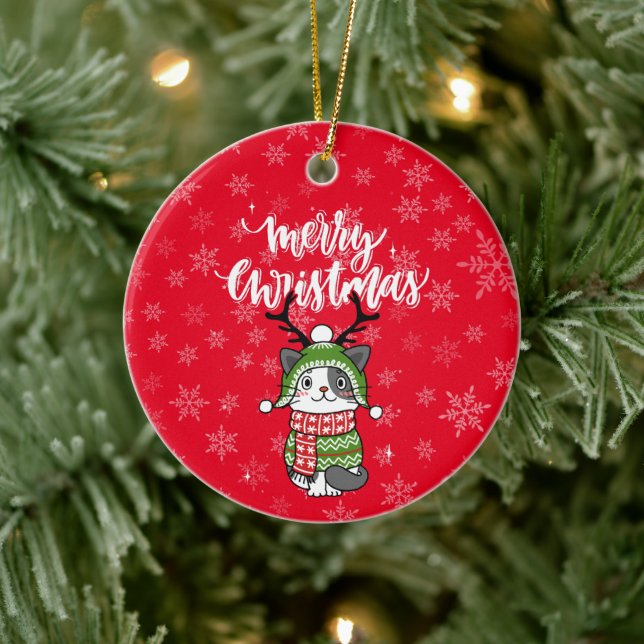 Niedlich Cat Christmas Kleinen Geschenke Galore Keramik Ornament (Baum)