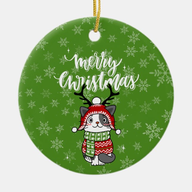 Niedlich Cat Christmas Kleinen Geschenke Galore Keramik Ornament (Vorne)