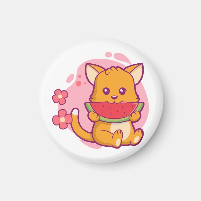Niedlich Cat Eating Watermelone | Kawaii Magnet (Vorne)