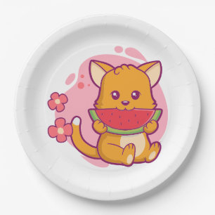 Niedlich Cat Eating Watermelone Kawaii Pappteller