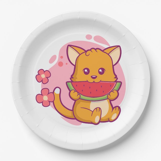 Niedlich Cat Eating Watermelone | Kawaii Pappteller (Vorderseite)