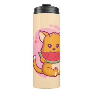 Niedlich Cat Eating Watermelone Kawaii Thermosbecher