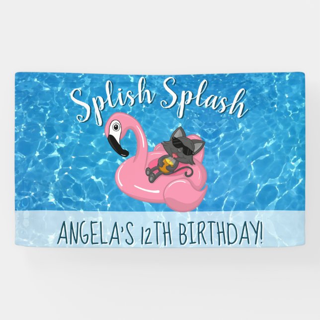 Niedlich Cat Flamingo Kindergeburtstag Pool Party Banner (Horizontal)