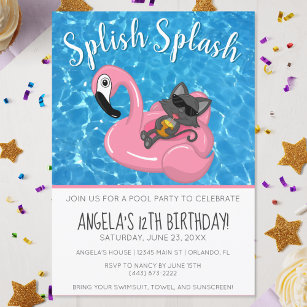 Niedlich Cat Flamingo Kindergeburtstag Pool Party Einladung