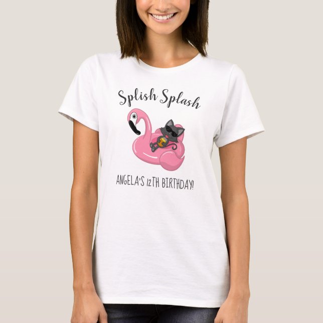 Niedlich Cat Flamingo Kindergeburtstag Pool Party T-Shirt (Vorderseite)
