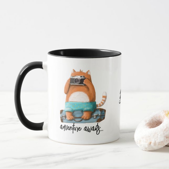 Niedlich Cat Funny Adventure Travel Personalisiert Tasse (Mit Donut)