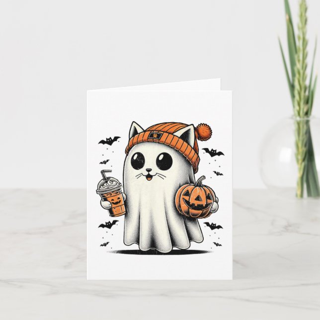Niedlich Cat Ghost Iced Coffee Funny Ghost Hallowe Karte (Vorderseite)