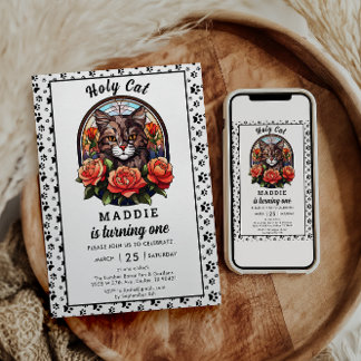 Niedlich Cat Girl Erster Geburtstag Einladung