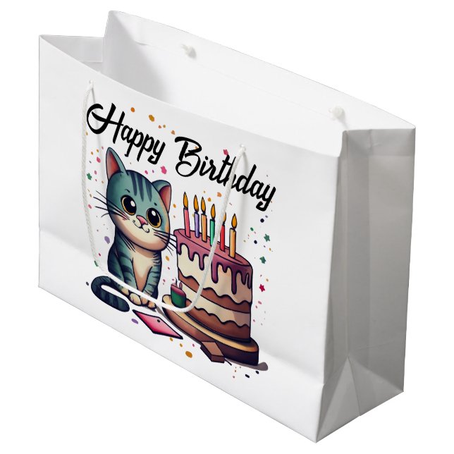 Niedlich Cat Happy Birthday Große Geschenktüte (Vorderseite Schrägansicht)
