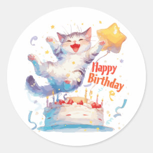 Niedlich Cat Happy Birthday Runder Aufkleber