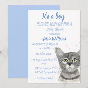 Niedlich Cat Kitty Kitten Blue Baby Junge Dusche I Einladung