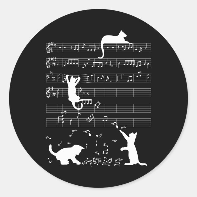 Niedlich Cat Kitty Playing Musiknote Clef Musician Runder Aufkleber (Vorderseite)