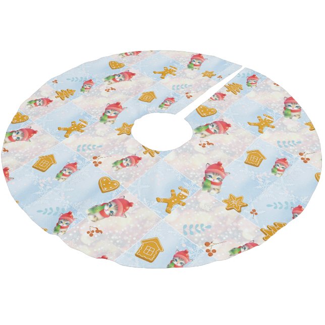 Niedlich Cat kitty Santa Gingerbrei Xmas tree Patt Polyester Weihnachtsbaumdecke (Schrägansicht)
