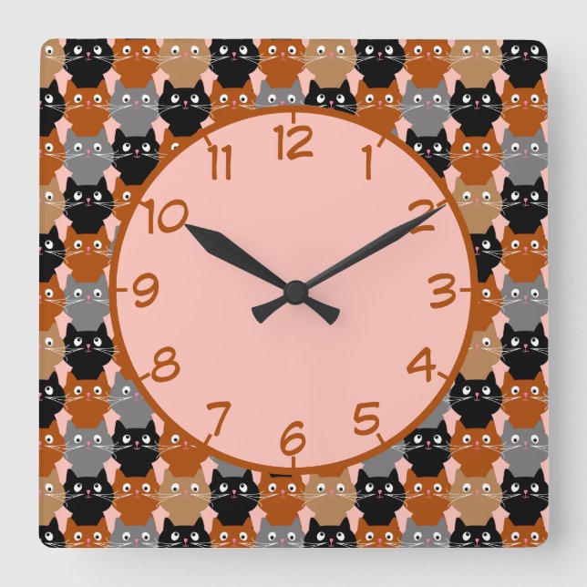 Niedlich Cat Lover Feline Kittens Pattern Quadratische Wanduhr (Vorderseite)