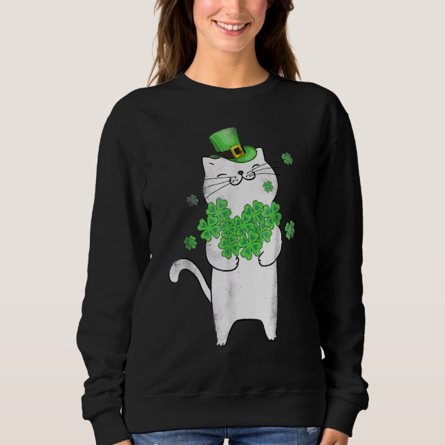 Niedlich Cat Lover Kleeblatt St Patricks Day Meowy Sweatshirt (Vorderseite)