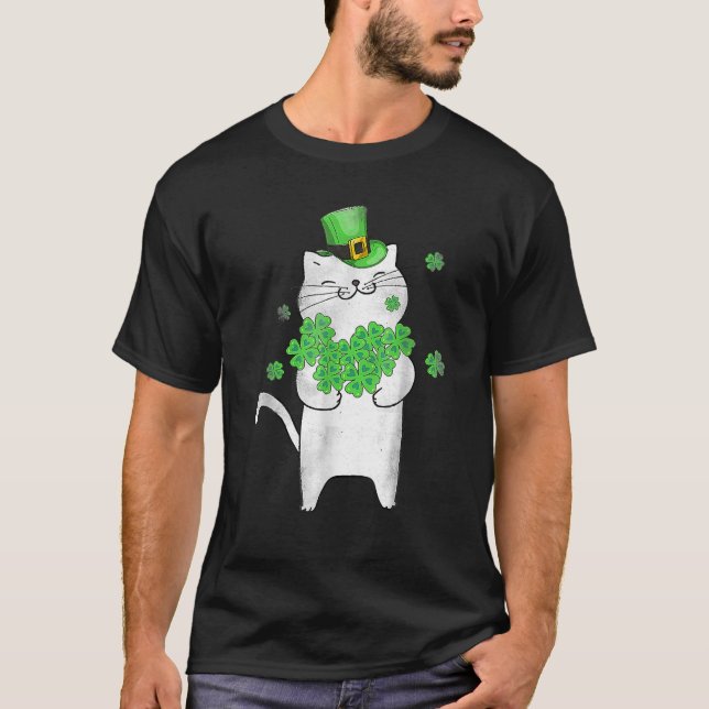 Niedlich Cat Lover Kleeblatt St Patricks Day Meowy T-Shirt (Vorderseite)
