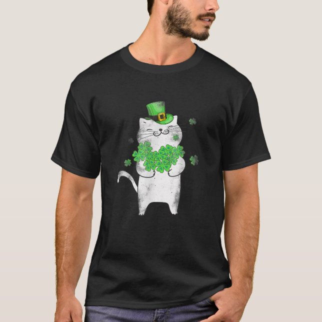 Niedlich Cat Lover Kleeblatt St Patricks Day Meowy T-Shirt (Vorderseite)