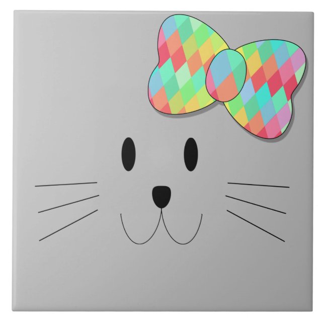 Niedlich Cat Meow Rainbow Bow Grau Glitzer Kitty K Fliese (Vorderseite)