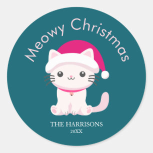 Niedlich Cat Meowy Christmas Green Runder Aufkleber