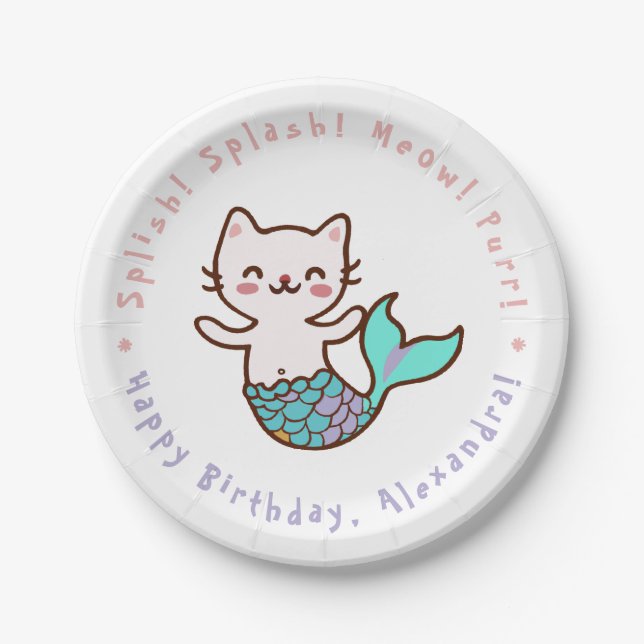 Niedlich Cat Mermaid Girl Birthday Meowmaid Purrma Pappteller (Vorderseite)