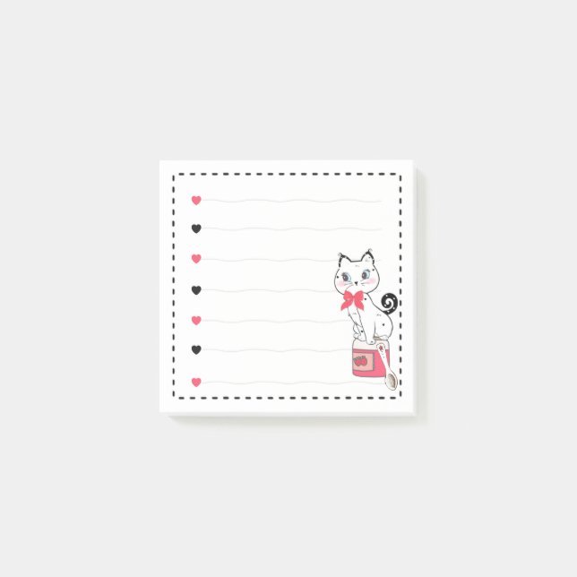 Niedlich Cat Pink Hearts Girly Post-it Klebezettel (Vorderseite)