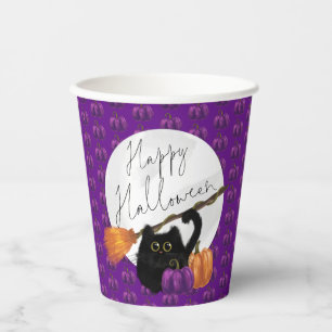 Niedlich Cat Pumpkin Broomstick Lila Happy Hallowe Pappbecher