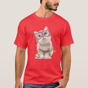 Niedlich Cat Red Glasses Heart Headband Happy Vale T-Shirt