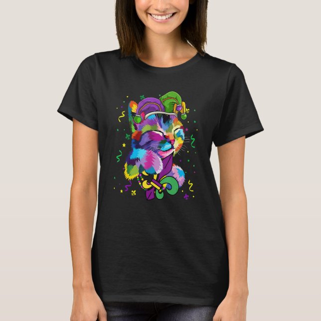 Niedlich Cat Wearing Mardi Gras Jester Hat Kitten  T-Shirt (Vorderseite)