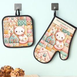 Niedlich Cat Zuhause Patchwork Gemütlicher Pastell Ofenhandschuh & Topflappen-Set