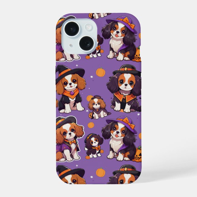 Niedlich Cavalier King Charles halloween-Muster iPhone 15 Hülle (Rückseite)