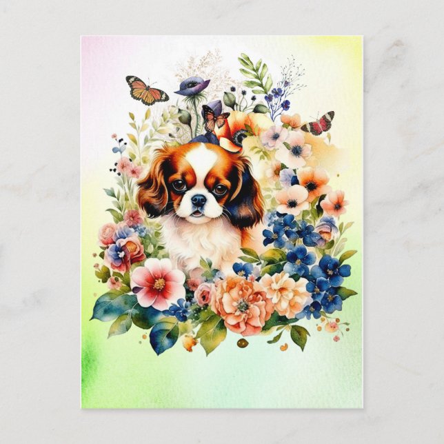 Niedlich Cavalier King Charles Puppy in Blume Postkarte (Vorderseite)