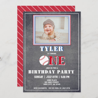 Niedlich Chalkboard Baseball Foto 1. Geburtstag Einladung