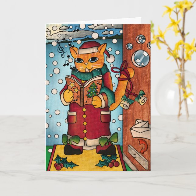 Niedlich Charming Christmas Carol Singer Cat Karte (Gelbe Blume)