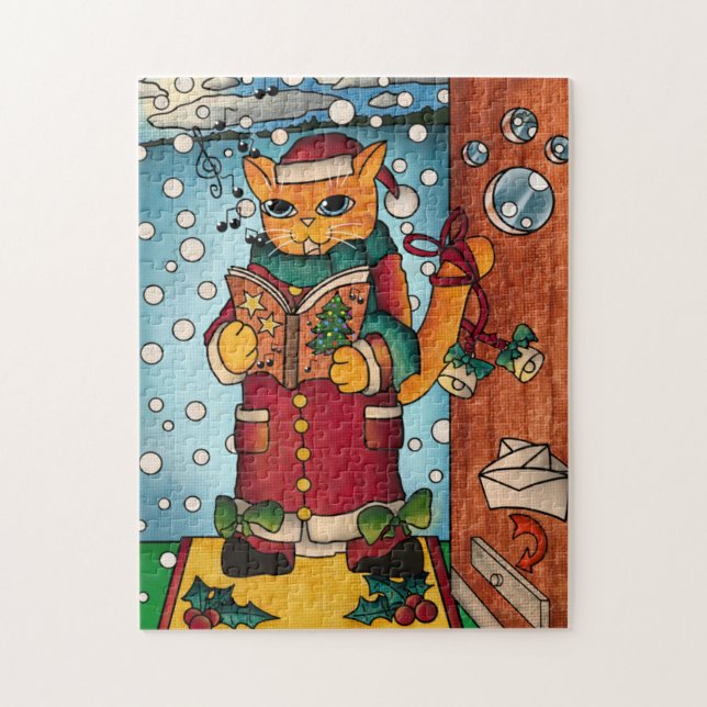 Niedlich Charming Christmas Carol Singer Cat Puzzle (Vertikal)