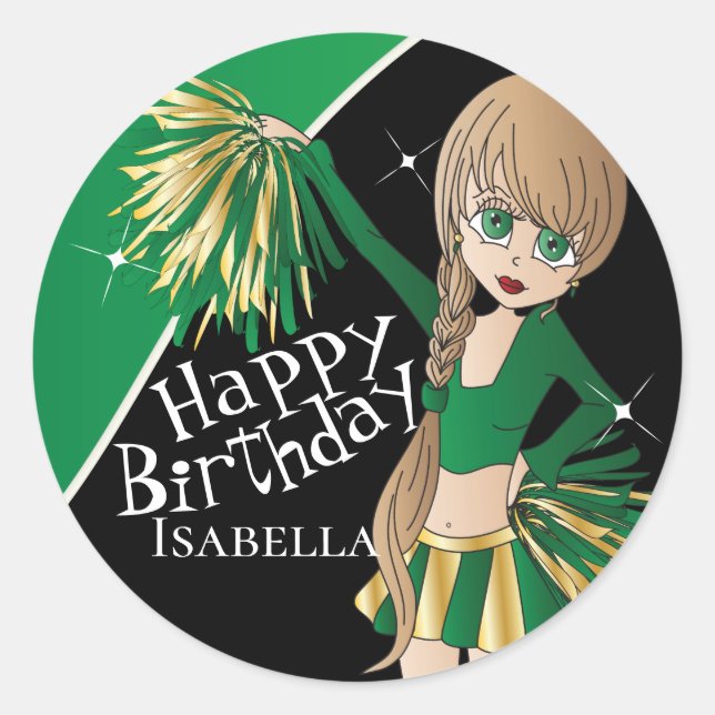 Niedlich Cheerleader Pom Pom Girls | Grün Runder Aufkleber (Vorderseite)