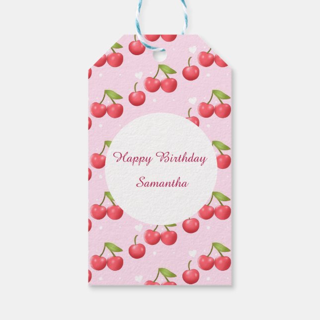 Niedlich Cherry 1. Geburtstag Party Geschenkanhänger (Rückseite)