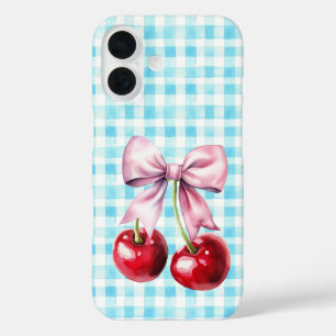 Niedlich Cherry Coquette Bow Blue Gingham iPhone 16 Hülle