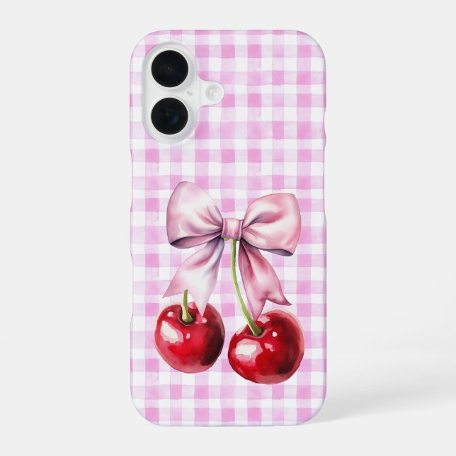 Niedlich Cherry Coquette Bow Pink Gingham iPhone 16 Hülle (Rückseite)