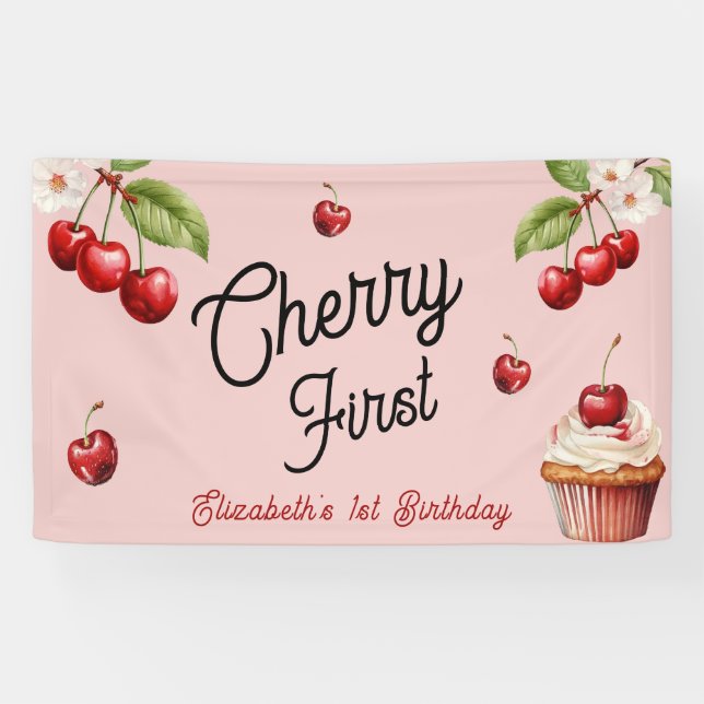 Niedlich Cherry First Girly Birthday Pink Banner (Horizontal)