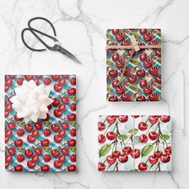 Niedlich Cherry Themenmuster Geburtstag Geschenkpapier Set (Vorderseite)