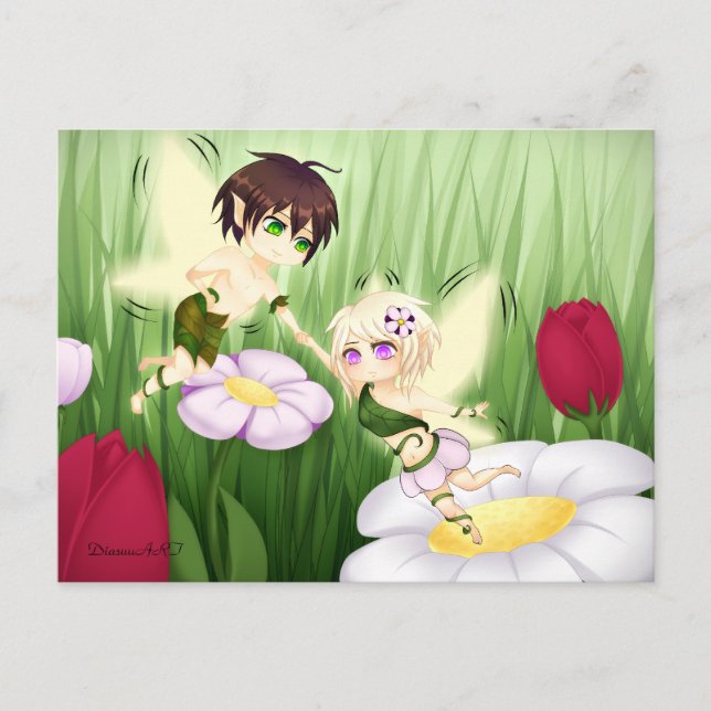 Niedlich Chibi Fairy Boy and girl Postkarte (Vorderseite)