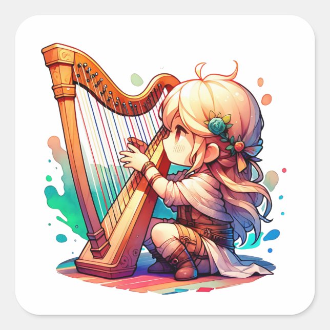 Niedlich Chibi Girl Playing Harl Quadratischer Aufkleber (Vorderseite)