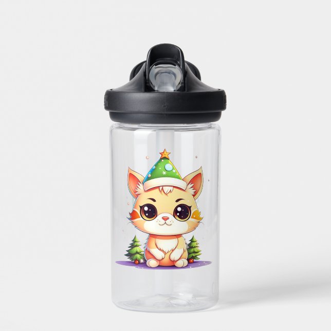 Niedlich Chibi Kawaii Cartoon Weihnachtskatzkatze Trinkflasche (Vorne)